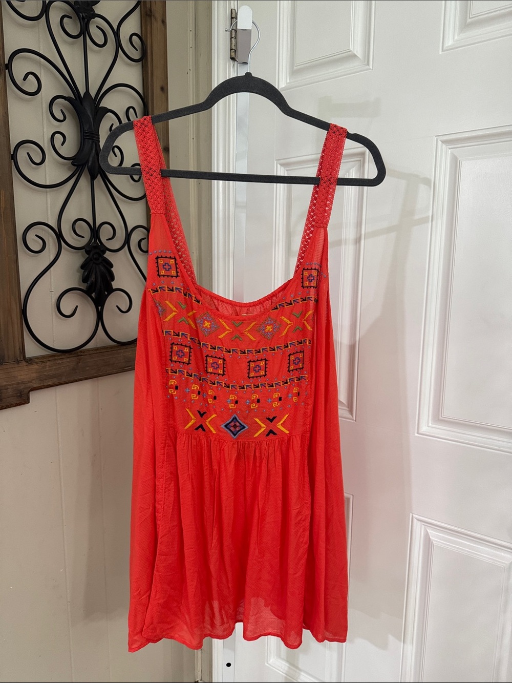 True Craft Reddish Orange Embroidered Boho Tank Top